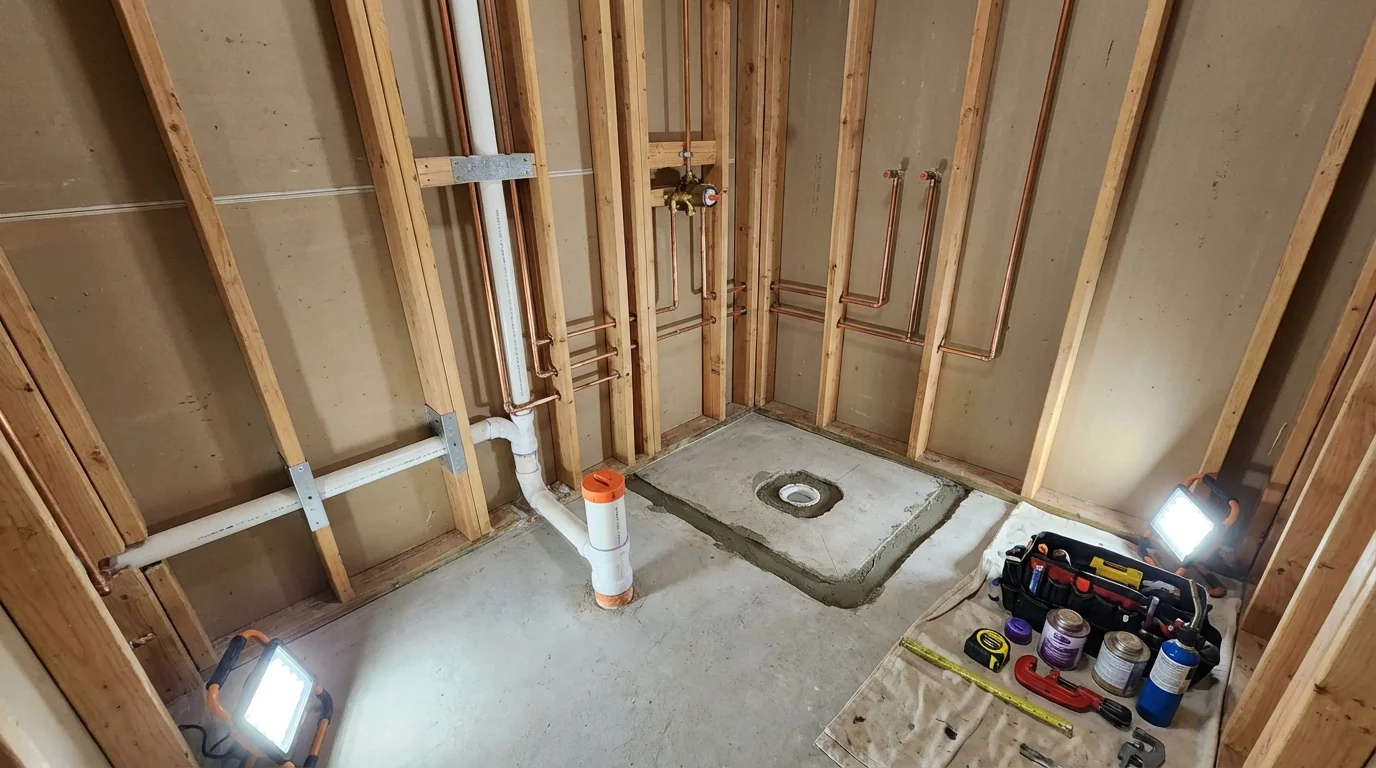 Bathroom rough-in plumbing during remodel by Johns Plumbing LLC in Hudson Falls