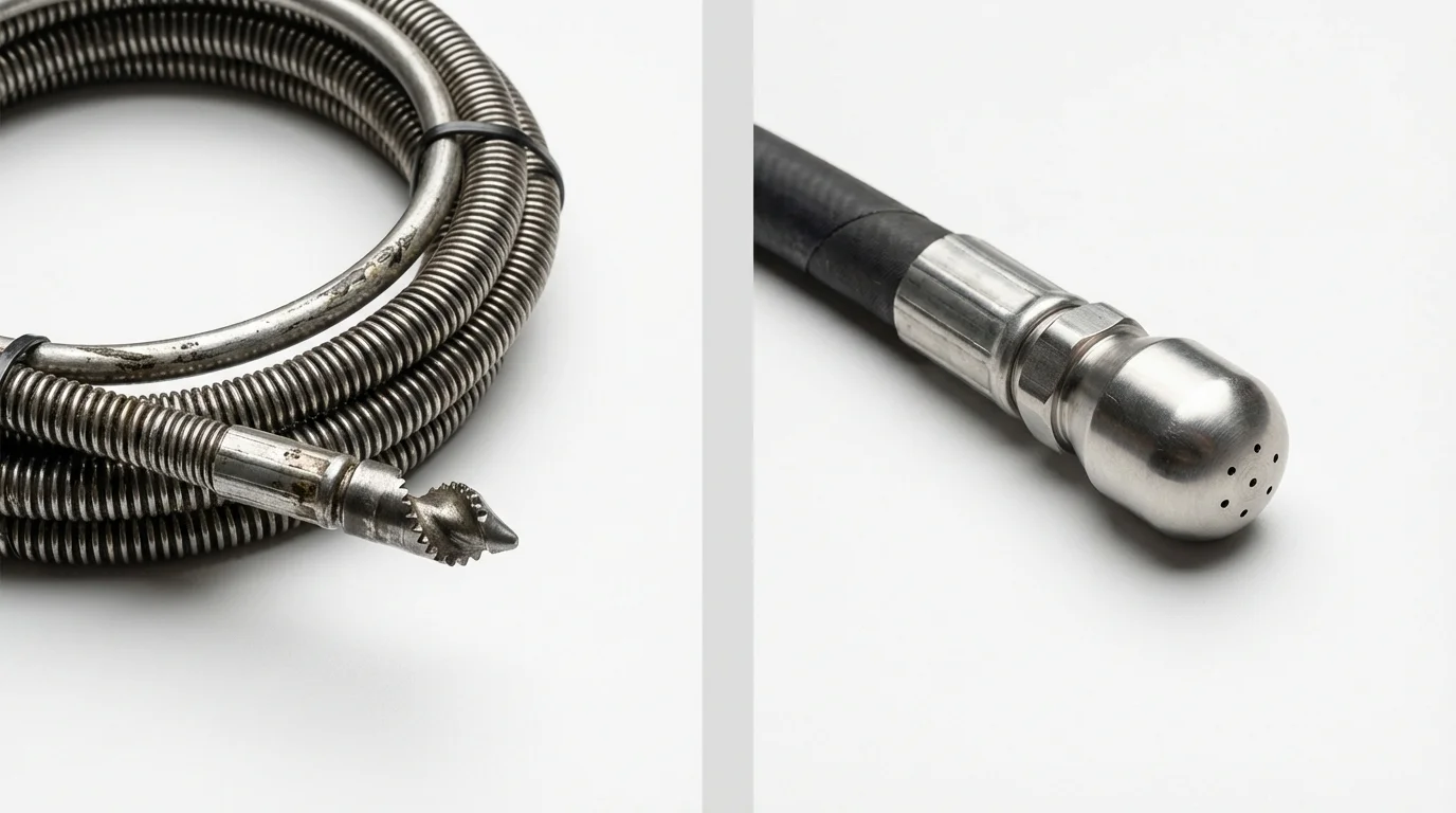 Drain snake cable and hydro jetting nozzle used for drain cleaning in Hudson Falls, NY