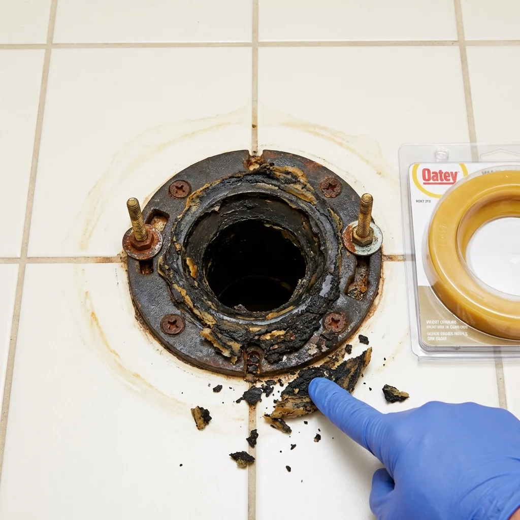 Failed wax ring showing water seepage at the base of a toilet in a Hudson Falls, NY home