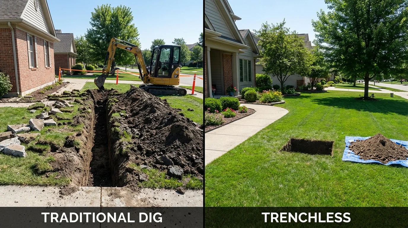 Trenchless sewer repair with minimal yard damage versus traditional excavation in Hudson Falls, NY